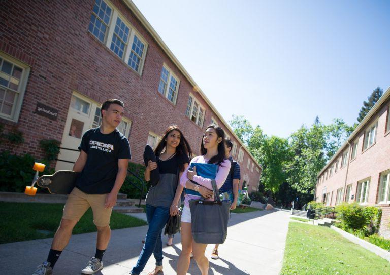 students walking by residence halls