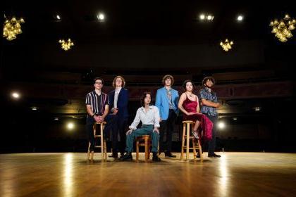 From left to right: From left to right: Marwan Ghonima '24 (upright and electronic bassist), Gianna Pedregon ’24 (violinist), Leo Milano ’26 (tenor saxophonist), Aimee Macdonald '26 (saxophonist), Samson Hulett '24 (drummer) and alumnus Toby Keys '22 (pianist). 